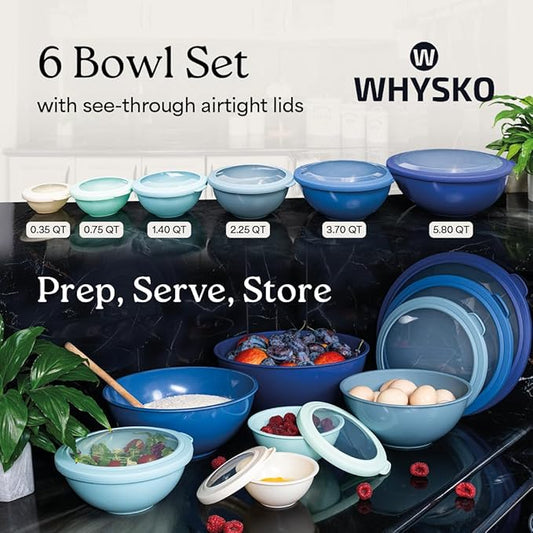 WHYSKO Mixing Bowl Set, 12 Piece Colorful Plastic Mixing Bowls with Lids Set for Food Prep Storage and Serving, Dishwasher Safe Microwave Safe for Kitchen Baking Cooking