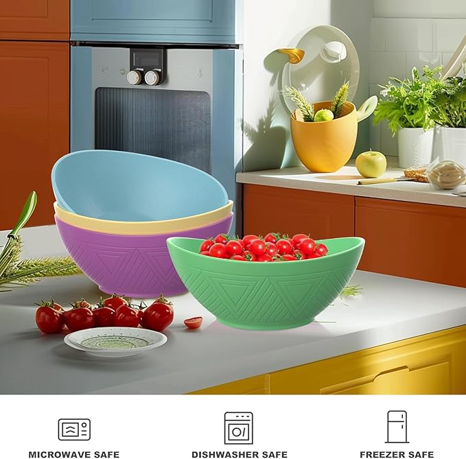 65 oz Large Wheat Straw Bowls Set of 4, Large Unbreakable Salad Bowls, Microwave & Dishwasher Safe Serving Bowls, Kitchen Bowls for Salad, Cereal, Soup and Oatmeal (Spring Series)