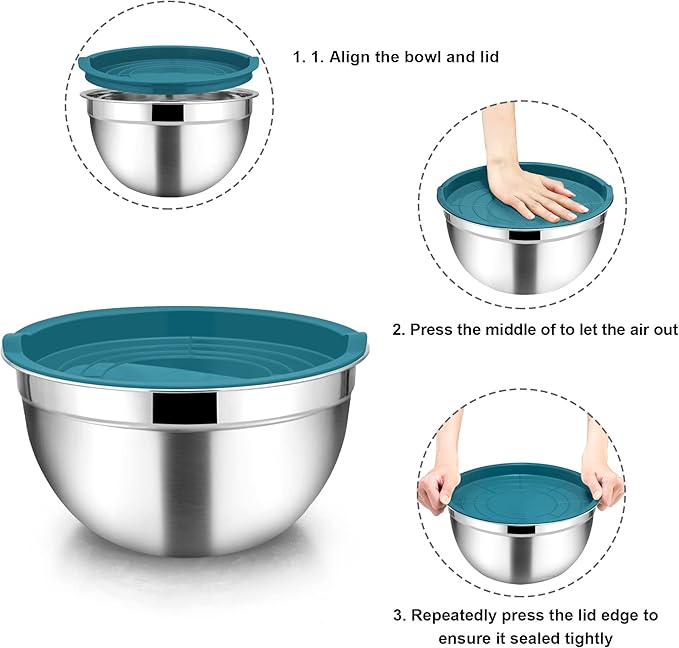 TeamFar Mixing Bowl Set of 7, Stainless Steel Metal Nesting Salad Bowls with Lids, 7, 4.5, 3, 2.5, 1.5, 1.2, 0.7 QT Fit for Mixing, Healthy & Sturdy, Airtight Lid & Easy Clean, Blue