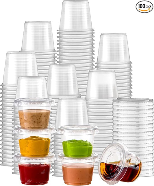 Fit Meal Prep 100 Pack 1 oz Jello Shot Cups with Lids, Disposable Souffle Portion Cups for Sauce