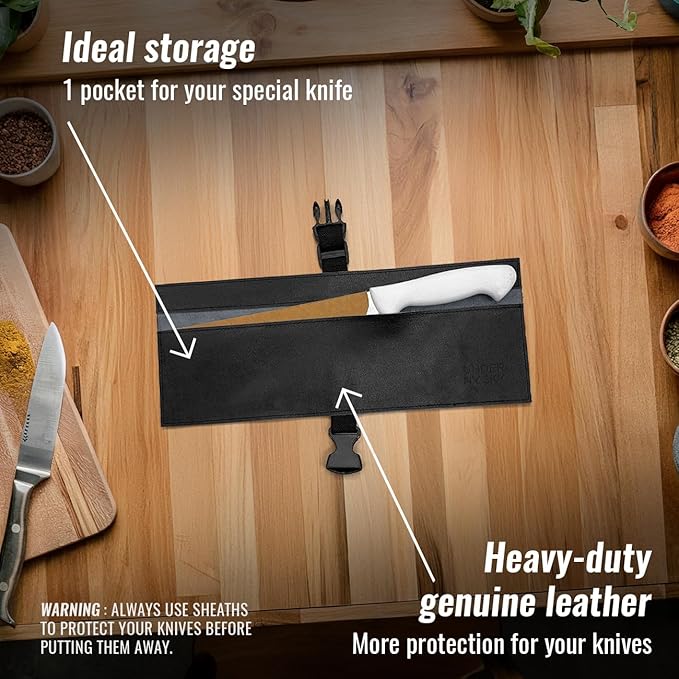 Under NY Sky Genuine Leather Knife Roll Case - 1 Slot - Real Leather Pouch - Portable Bag for Cooking Tools, Utensils, Cutlery Knives, Brushes - Chefs, Kitchen, Travel, Gift - Black L