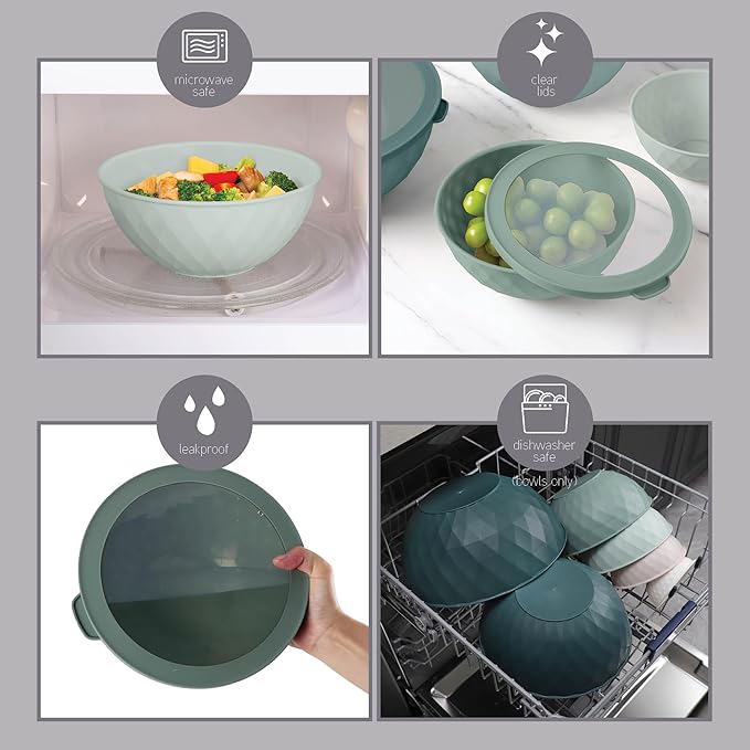 COOK WITH COLOR Mixing Bowls with Lids - 12 Piece Plastic Nesting Bowls Set includes 6 Prep Bowls and 6 Lids, Non Slip Bottom and Diamond Design - Microwave Safe (Mint)