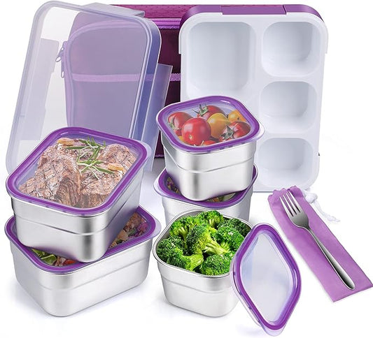 DaCool Stainless Steel Kids Bento Lunch Box Leak Proof BPA-Free School Lunch Container 5-Compartment with Lunch Bag and Fork for Toddler Child Adult, Food Snack Container for Picnic Outdoors,Purple