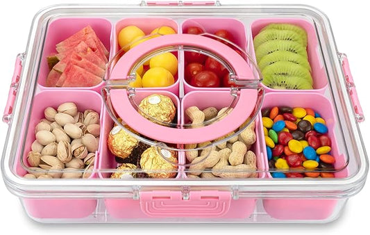 Divided Serving Tray with Lid and Handle,8 Compartments Snacks Box,Snack Fruit Tray,Veggie Tray,Portable Platter for Candy Fruits Nuts Snack Party Entertaining Picnic