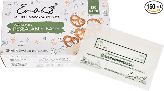 100% Compostable Food Storage Bags [Snack 150 Pack] Eco-Friendly Freezer Bags, Resealable Bags, Heavy-Duty, Reusable, Off-White by Earth's Natural Alternative