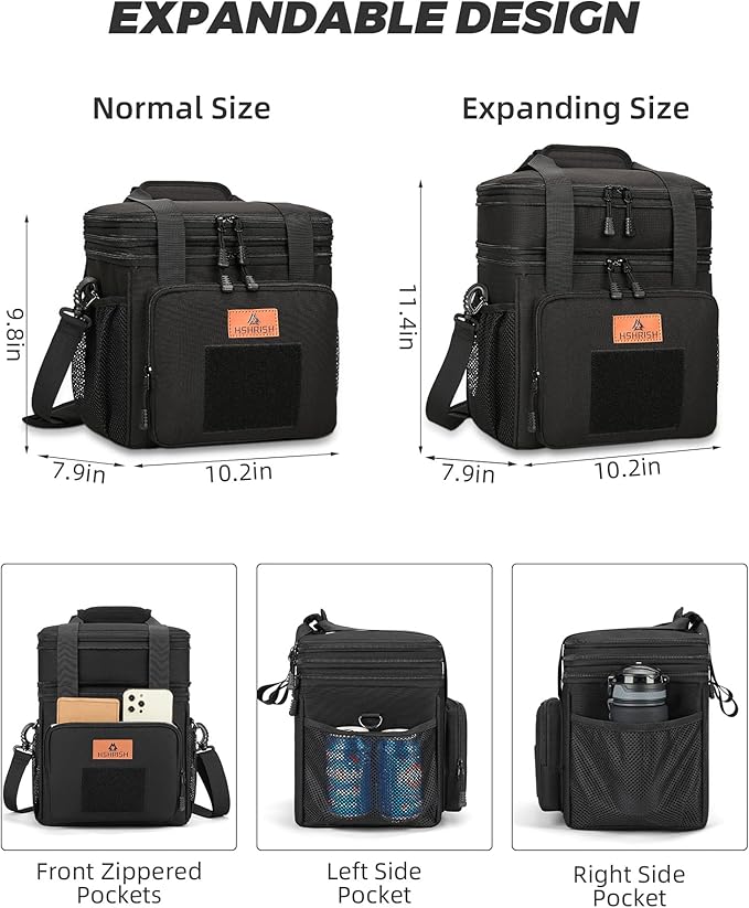 HSHRISH Expandable Large Tactical Lunch Box for Adults, Durable Insulated Lunch Bag with Shoulder Strap, Soft Cooler Bag for Men Work Outdoor Picnic Trips, 20 Can/16 L, Black