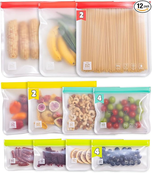 12 Pack Variety Reusable Food Storage Bags, Food Grade Silicone PEVA Material, Double Zipper, Freezer Safe, BPA-Free (4 Snack, 4 Sandwich, 2 Quart, 2 Gallon)