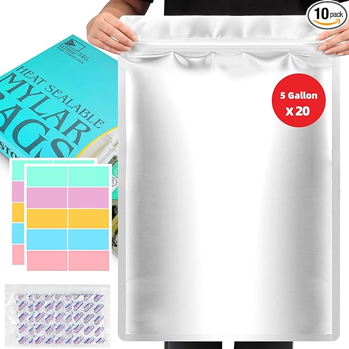 10PCS 5 Gallon Mylar Bags with 2500CC Oxygen Absorbers and Labels, Zipper Resealable Pouches Heat Sealable Bags for Long Term Food Storage