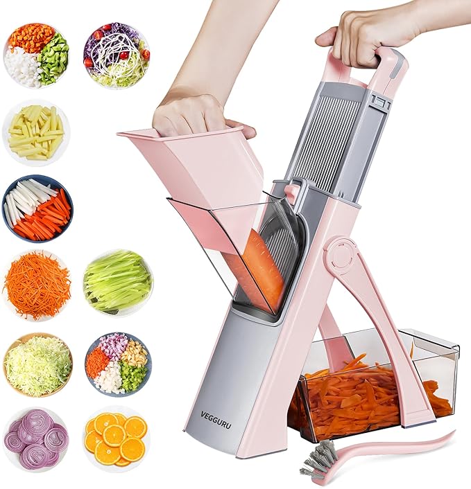 Safer Vegetable Slicer for Kitchen, Thickness Adjustable Mandloline Food chopper, Onion Chopper Potato Julienne Slicer Tomato Dicer Cutter, Kithcen Food Fruit Slicer (Pink)