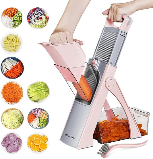Safer Vegetable Slicer for Kitchen, Thickness Adjustable Mandloline Food chopper, Onion Chopper Potato Julienne Slicer Tomato Dicer Cutter, Kithcen Food Fruit Slicer (Pink)
