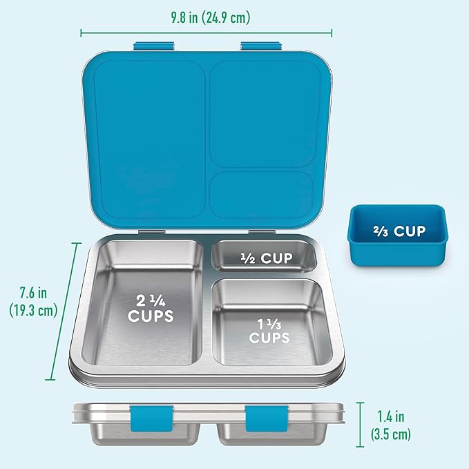 Bentgo Kids Stainless Steel Prints Leak-Resistant Lunch Box - 3-Compartments with Bonus Silicone Container, Durable, Eco-Friendly, Dishwasher Safe, BPA-Free, Ideal for School, Ages 3+ (Dinosaur)