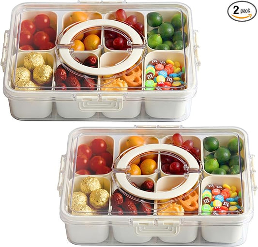 2-Pack Snackle Box Container, Dishwasher Safe Snackle Box with Lid for Candy, Fruit, Cookie, Snack, Divided Serving Tray with Lid and Handle for Entertaining, Party,