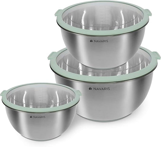 Navaris Stainless Steel Mixing Bowls with Lids (Set of 3) - Small, Medium and Large Mixing Bowl with Lid Set - 1.5 QT, 3 QT, 5 QT - Mint Green