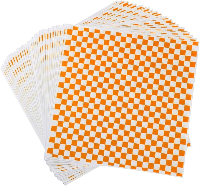 GeeRic Waxed Deli Paper Sheets 12 * 12 Inch, 100 Pcs Food Basket Liners for Sandwiches, Burgers, Checkered Deli Wrap Wax Paper Sheets Orange