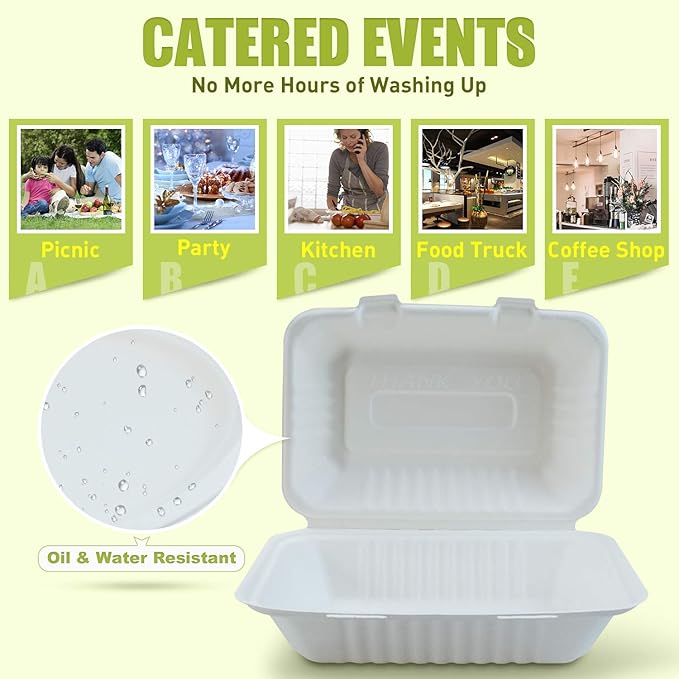 Green Earth 9x6x3 inch, 125-Count, 1-Compartment, Compostable Clamshell, Natural Bagasse (Sugarcane Fiber), Take-Out Food Boxes - Biodegradable Containers, Hinged Lid Microwave-Safe Gluten-Free