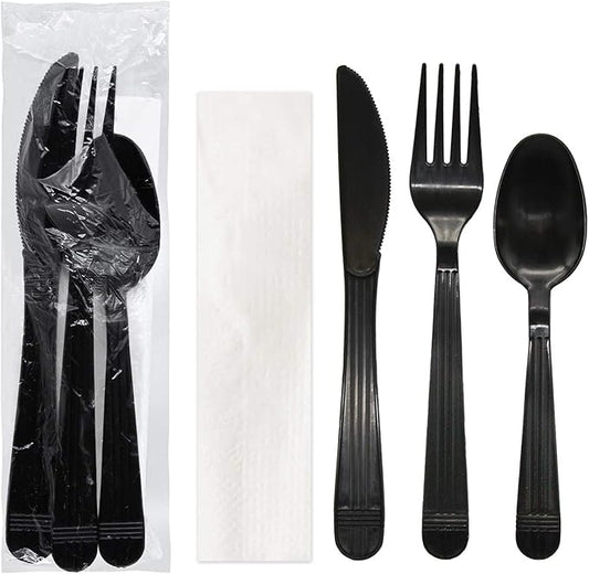 Party Essentials Individually Wrapped Black Plastic Cutlery Packets/Heavy Duty Silverware Kits, Fork/Spoon/Knife/Napkin, 100 Sets