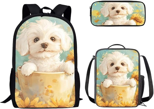 Dolyues Sunflower Cup Dog Girls Backpack Bundle: 17 Inch Children’s Backpack, Double Compartment Lunch Bag & Shimmer Pencil Case - Washable & Scratch-Resistant