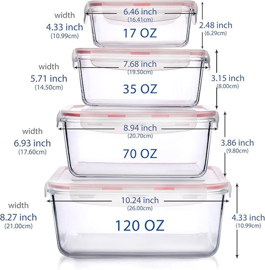 Extra Large Glass Food Storage Containers with Lids, Set-8-Piece Lunch Containers, Ideal for Storing Food, Vegetables, Fruits, Baking Cake & lot of other Tasty Food (Rectangular)