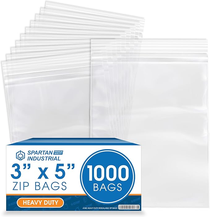 Spartan Industrial - 3” X 5” (1000 Count) 4 Mil Thick Clear Reclosable Zip Plastic Poly Bags with Resealable Lock Seal Zipper - Heavy Duty and Durable