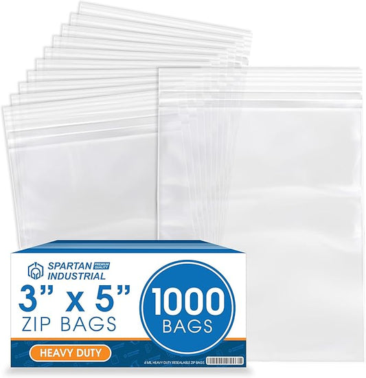 Spartan Industrial - 3” X 5” (1000 Count) 4 Mil Thick Clear Reclosable Zip Plastic Poly Bags with Resealable Lock Seal Zipper - Heavy Duty and Durable