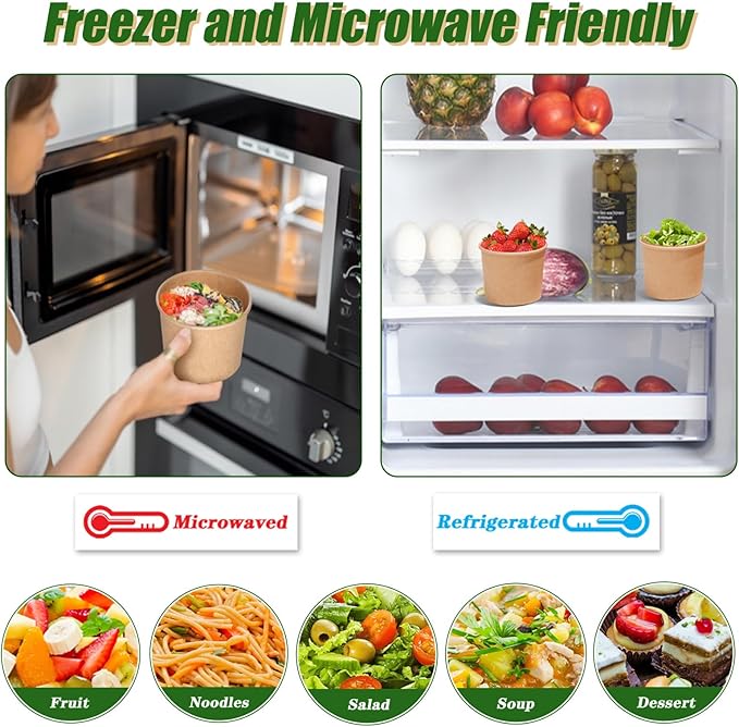 12oz Soup Containers with Vented Lids, Disposable Ice Cream Cups Kraft Paper Soup Bowls Paper Food Storage Containers, Microwavable and Freezer Safe for Hot and Cold Use (50 Pcs - Kraft, 12 oz)