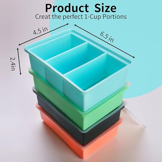 Silicone Freezer Tray with Lid - 1 Cup Silicone Food Freezer Tray - Large Ice Cube Freezer Molds - Soup, Sauce, leftovers, Homemade Meal Prep Freezing Kitchen Storage Containers - Multicolor - 8-Pack