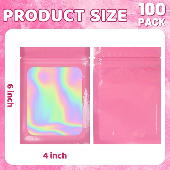 100 Pcs Mylar Bags Pink Holographic Bags with Clear Window Resealable Bags for Food Storage Packaging for Small Business(4×6Inch)