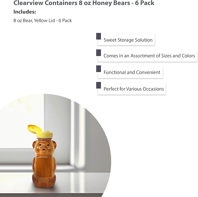 6 Pack of 8 Ounce Honey Bears with Sealable Yellow Flip Top Lids (8 oz. Bear, 6pk, Yellow)