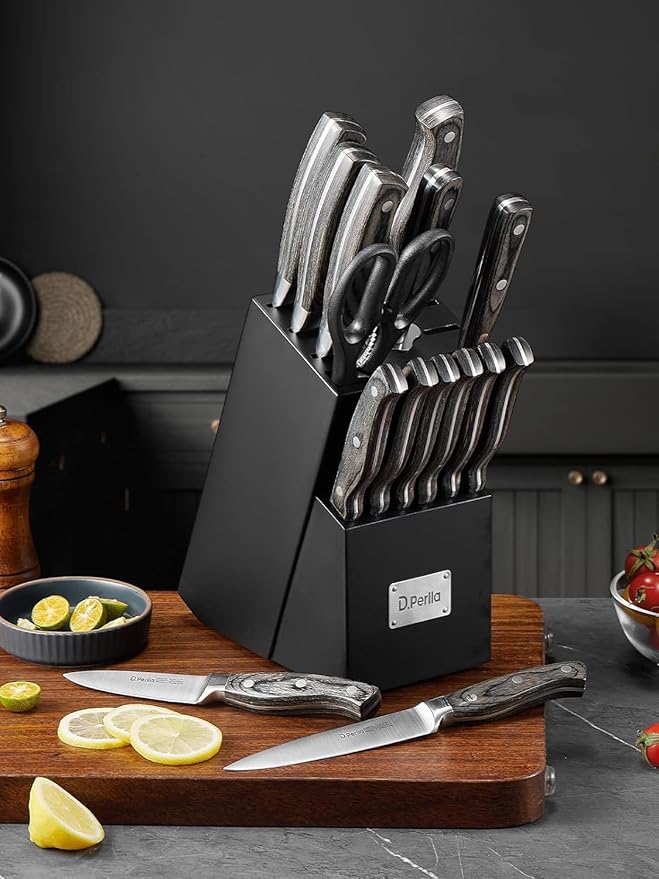 Knife Set with Block, 16 Pcs Stainless Steel Kitchen Knife Set with Sharpener & Wooden Block, Knife Block Set with Wood Handle, Chef, Santoku, Bread, Utility, Paring & Carving Fork Knife (Black)