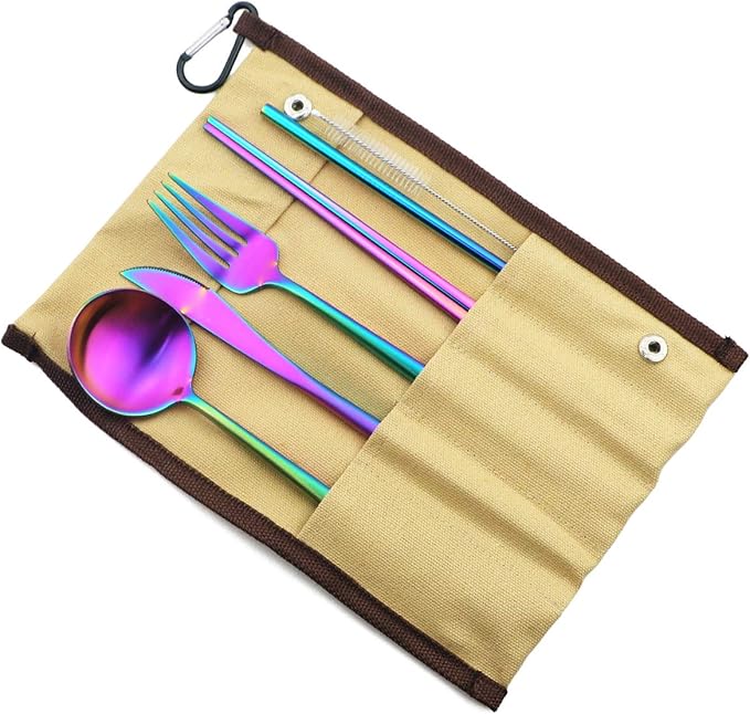 Reusable Travel Utensils, 7 Piece Portable 304 Stainless Steel including Knife Fork Spoon Chopsticks Cleaning Brush Straws Portable Pouch, Eco-friendly Camping Silverware Set, Dishwasher Safe