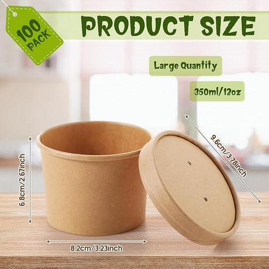 Fulmoon 100 Pack Paper Soup Containers with Lids Disposable Paper Food Containers with Vented Lids Kraft Ice Cream Bowls Soup Cup Ice Cream Cups for Restaurants(12 oz,Brown)