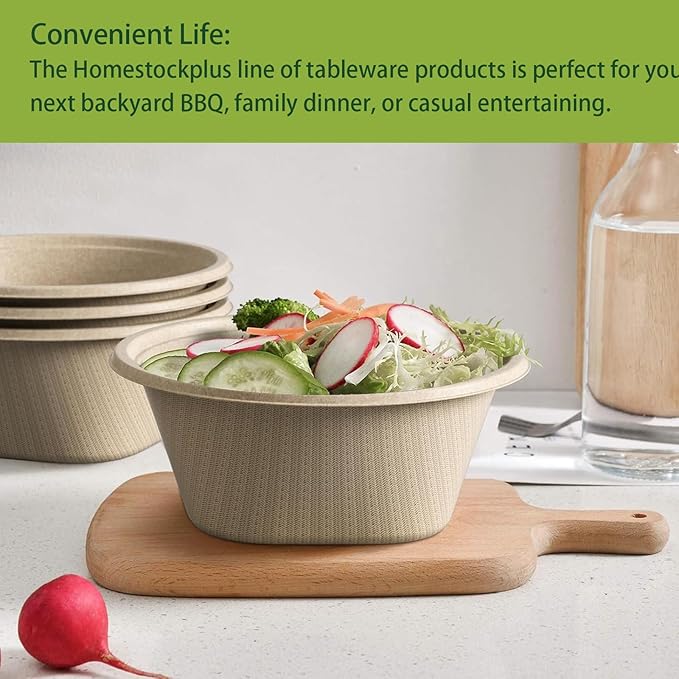 Homestockplus Large Disposable Bowl - Heavy Duty Paper Bowls - Made from Sugarcane and Bamboo Fiber, Microwave Safe - 48 Oz Paper Bowls for Soup, Salad, Ramen, Popcorn, etc.[50/Pack]