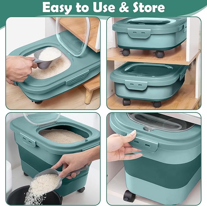 Rice Storage Container, 20Lbs Flour Container, Airtight Large Pet Dog Cat Food Storage Dispenser Bin with Wheels, Scoop & Measuring Cup, Collapsible Kitchen Dry Food Holder for Rice Cereal Kibble