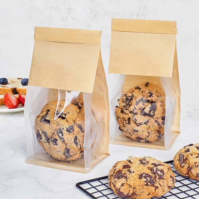 100 Pack Small Bakery Bags with Window, 3.9x3.1x8.2 Inches Tin Tie Tab Lock Cookie Packaging Bag Resealable Paper Treat Bags for Homemade Granola, Popcorn, Candies, Goodies