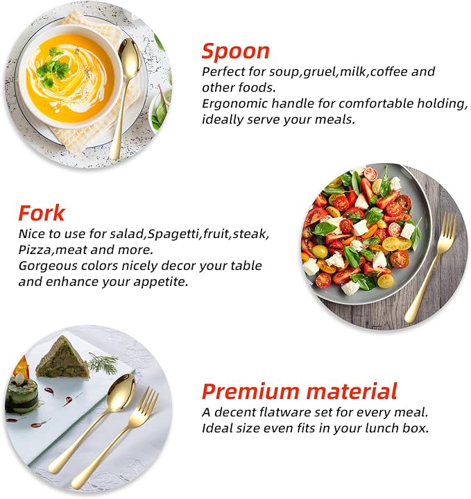 Gold Spoons and Forks Silverware Set, KITWARE 12 Pieces Stylist Colored Stainless Steel Flatware Cutlery Service for 6, Home Kitchen Utensil Sets for Restaurant, hotel, travel, outdoor, BBQ
