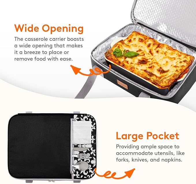 Lifewit Expandable Insulated Casserole Carrier for Hot or Cold Food, Double Decker Food Bag Lasagna Holder Carry Tote for Potluck Parties/Picnic/Cookouts, Fits 9"x13" Baking Dish, Black-Flowers