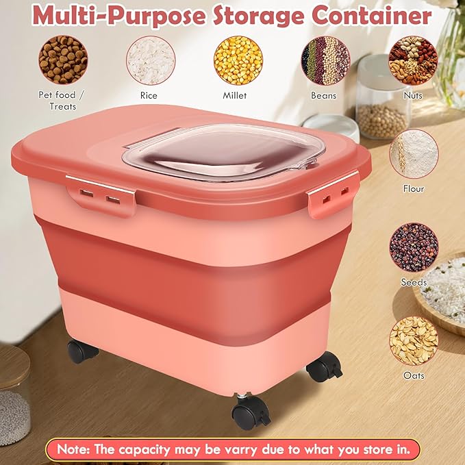Rice Storage Container, 20Lbs Flour Container, Airtight Large Pet Dog Cat Food Storage Dispenser Bin with Wheels, Scoop & Measuring Cup, Collapsible Kitchen Dry Food Holder for Rice Cereal Kibble