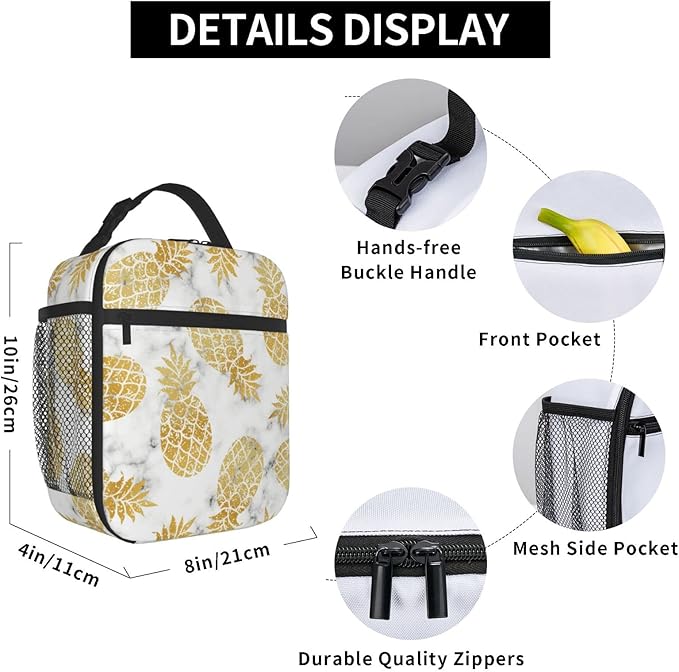 YETTA YANG Marble Gold Pineapple Portable Lunch Bag Insulated Lunch Box Reusable Totes For Women Men Work Picnic Camping