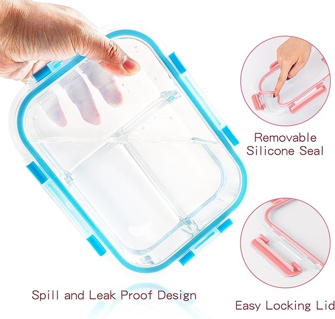 Glass Food Storage Containers 3 Compartment with Lids (5 Pack, 34oz), Divided Glass Meal Prep Containers for Lunch at Work, Leak-Proof Portion Control Food Containers, Microwave/Dishwasher Safe