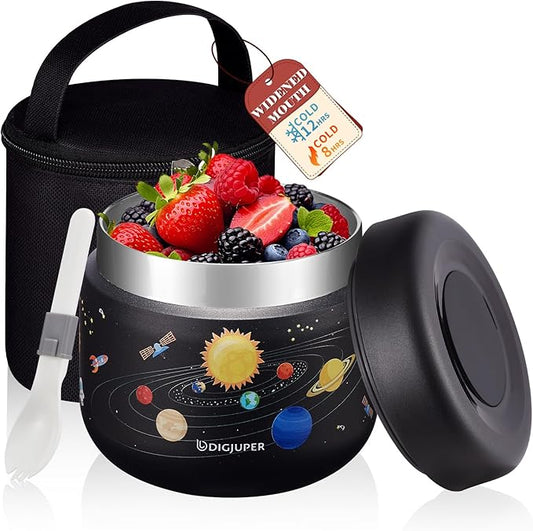 Kids Thermo for Hot Food Drink - with Lunch Cooler Bag & Foldable Spoon, Keep Cold-12h Hot-8h, Spill-proof 18/8 Stainless Steel Vacuum Soup Box Container for Toddler Boy, 9 OZ Food Jar for School