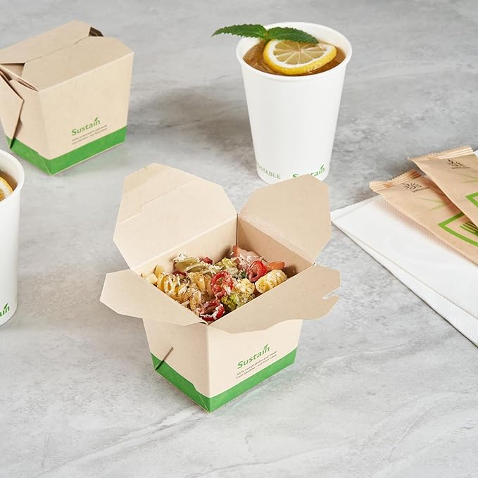 Restaurantware Sustain 16 Ounce Sturdy Paper Take Out Boxes, 200 Disposable Take Out Food Containers - With PLA lining, Compostable, Bamboo Paper Containers, Built-In Tab-Lock Cover, Greaseproof