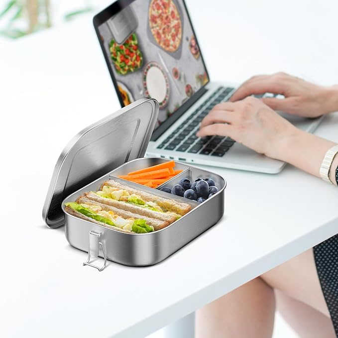 1400ML Stainless Steel Bento Box for Adults, 3-Compartment Metal lunch box with Lockable Clips, 47oz Leak-Proof Food Container for Work, Travel, Dishwasher Safe