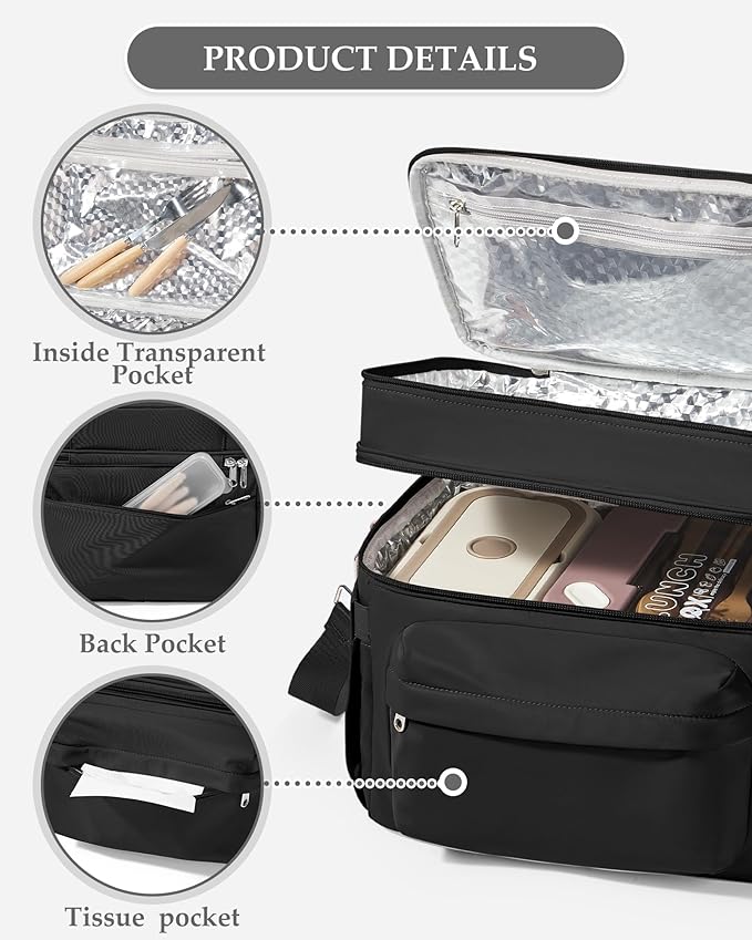Lunch Box Women Insulated Lunch Bag Men Expandable Waterproof Leakproof Lunch Boxes Large Lunch Tote Cooler Bag for Work with Water Bottle Holder Black