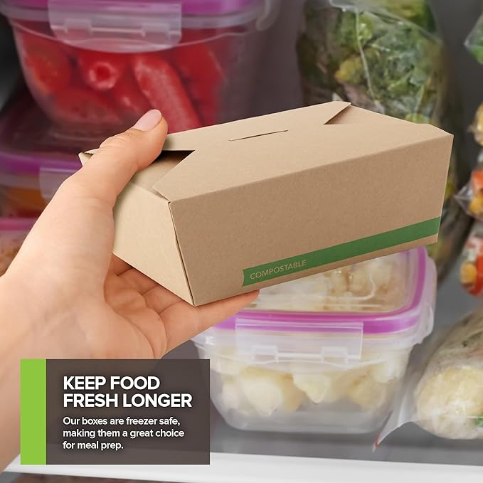 (Set of 50) 45oz Food Compostable Take Out Containers Disposable, Medium Microwaveable Paper To Go Boxes, Grease Resistant Natural Kraft Cardboard Lunch Box, Takeout, Biodegradable, Eco-Friendly