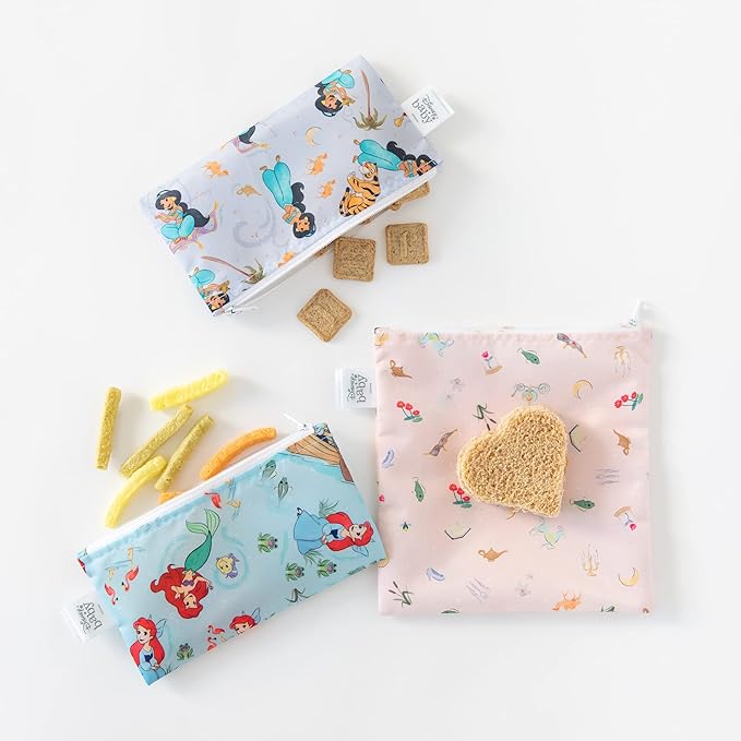 Bumkins Disney Reusable Sandwich and Snack Bags, for Kids School Lunch and for Adults Portion, Washable Fabric, Waterproof Cloth Zip Bag, Travel Pouch, Food-Safe Storage, 3-pk Princess Magic