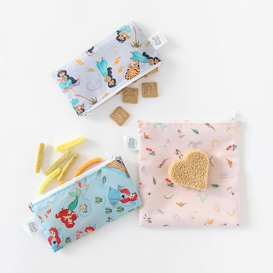 Bumkins Disney Reusable Sandwich and Snack Bags, for Kids School Lunch and for Adults Portion, Washable Fabric, Waterproof Cloth Zip Bag, Travel Pouch, Food-Safe Storage, 3-pk Princess Magic