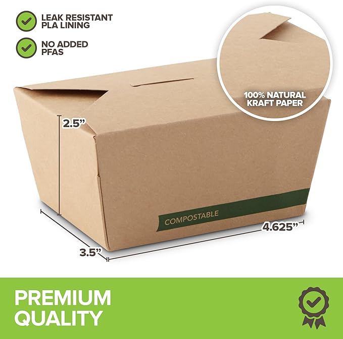 (Set of 50) 30oz Compostable Food Take Out Containers Disposable, Small Microwaveable Paper To Go Boxes, Grease Resistant Natural Kraft Cardboard Lunch Box, Takeout, Biodegradable, Eco-Friendly