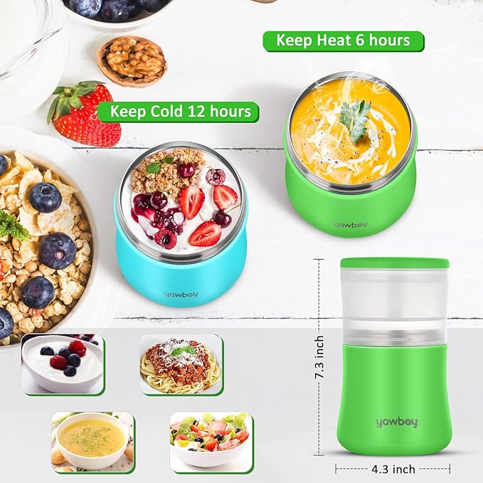 Yogurt Container, Insulated Food Container, 2 In 1 Cereal Cup On The Go,Stainless Steel Insulated Food Jar With Spoon,28oz Thermal Lunch Pot For Soup Yogurt Salad Breakfast Milk Fruit (Green)