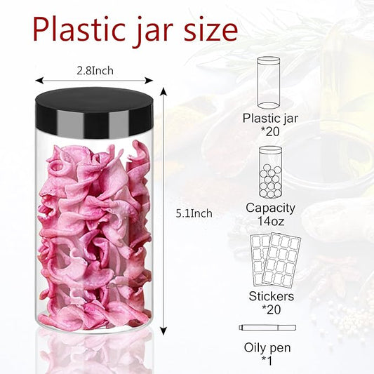 Plastic Jars with Lids 20Pcs 14 oz Clear Plastic Slime Storage Jars Containers with Airtight Leak Proof Black Plastic Screw On Lids Cylinder Clear Round Jar Food Grade Durable PET Jar