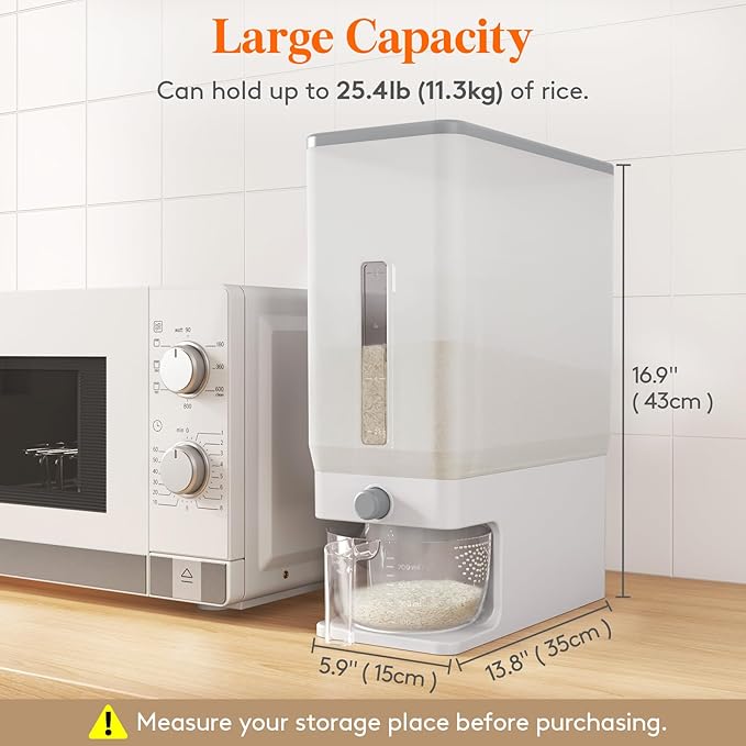 Lifewit Rice Dispenser 25 Lbs(11.3kg), Rice Storage Container Sealed Moisture Proof with Measuring Cup for Kitchen Pantry Household, BPA-Free